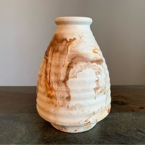 Nemadji Pottery Vase Beige Brown Orange Swirls Ribbed Made in USA Vintage